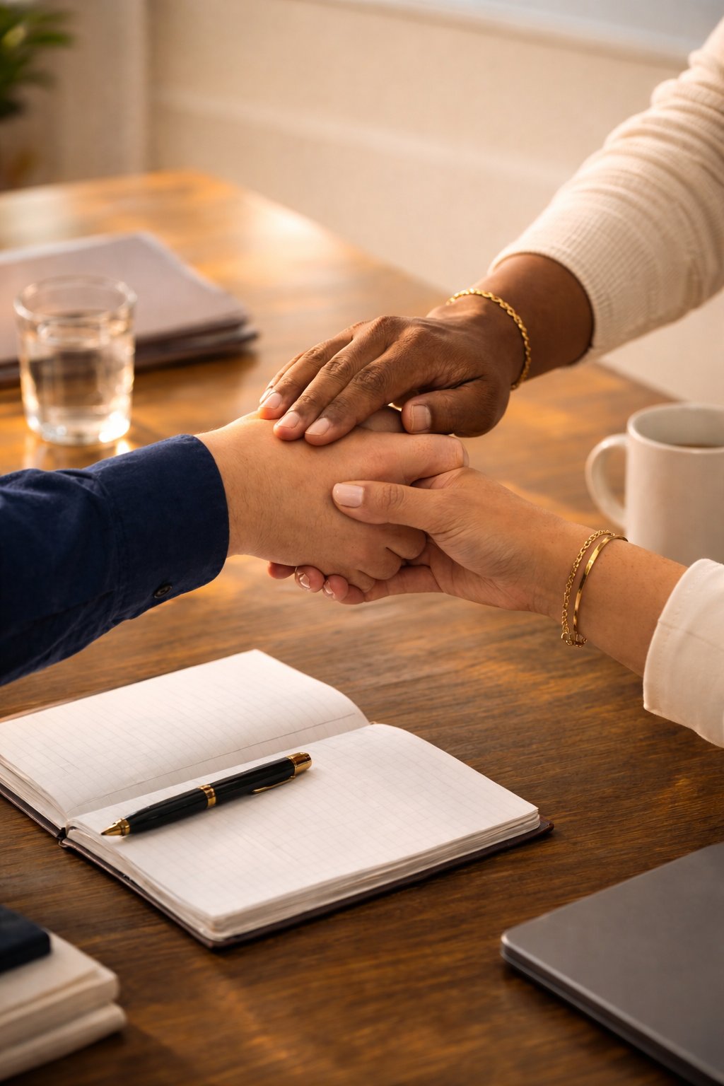Two people shaking hands across a desk after an immigration services consultation, with an open notebook and pen in the foreground