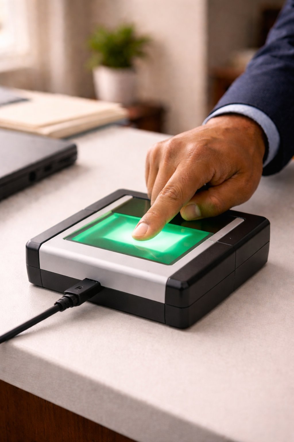 Person pressing a finger on an illuminated Livescan fingerprint scanner during an FBI background check appointment
