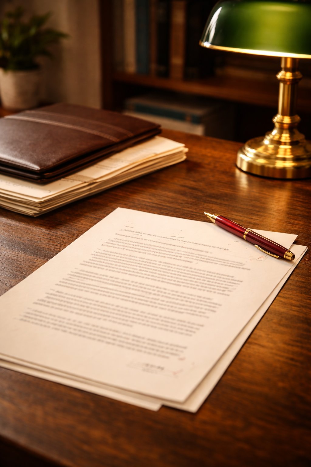 Immigration support letter under review on an attorney's desk with a burgundy editing pen, brass banker's lamp, and leather portfolio