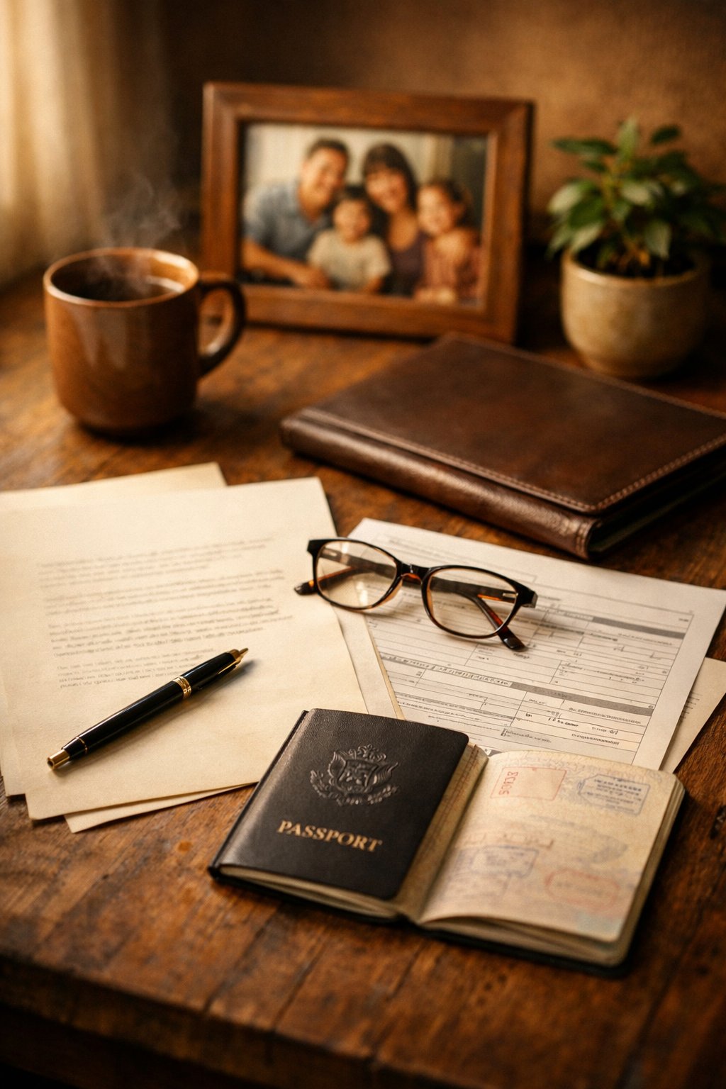 An open passport, immigration forms, reading glasses, a fountain pen, and a steaming coffee mug arranged on a wooden desk beside a framed family photograph