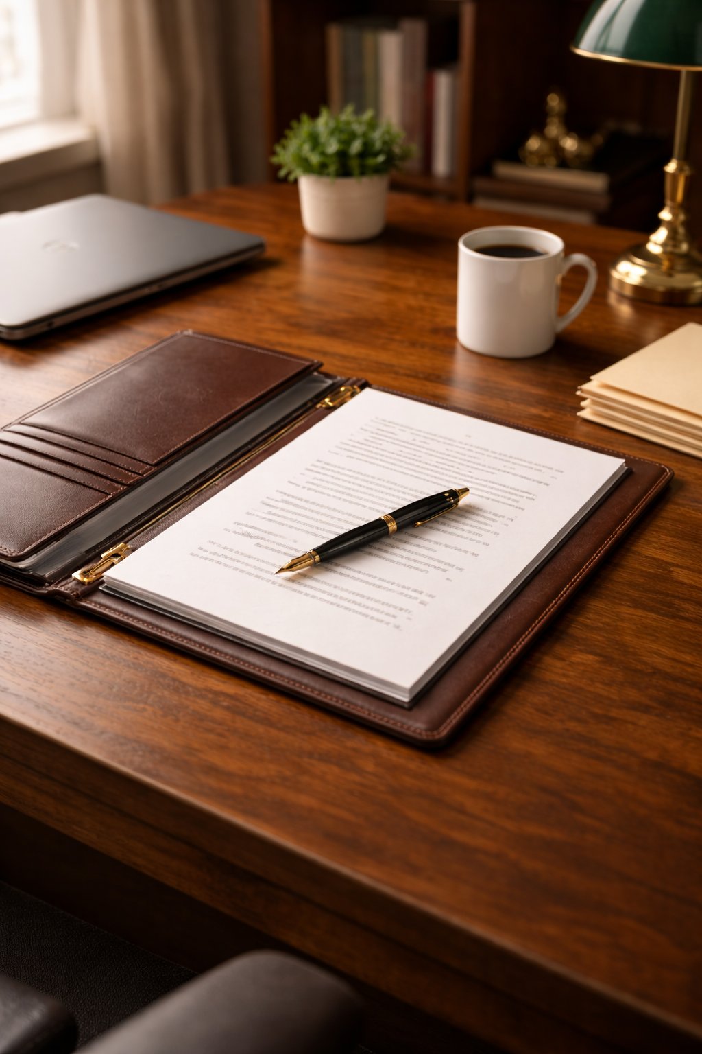 Immigration support letter open on a leather portfolio beside a fountain pen and banker's lamp on a wooden desk