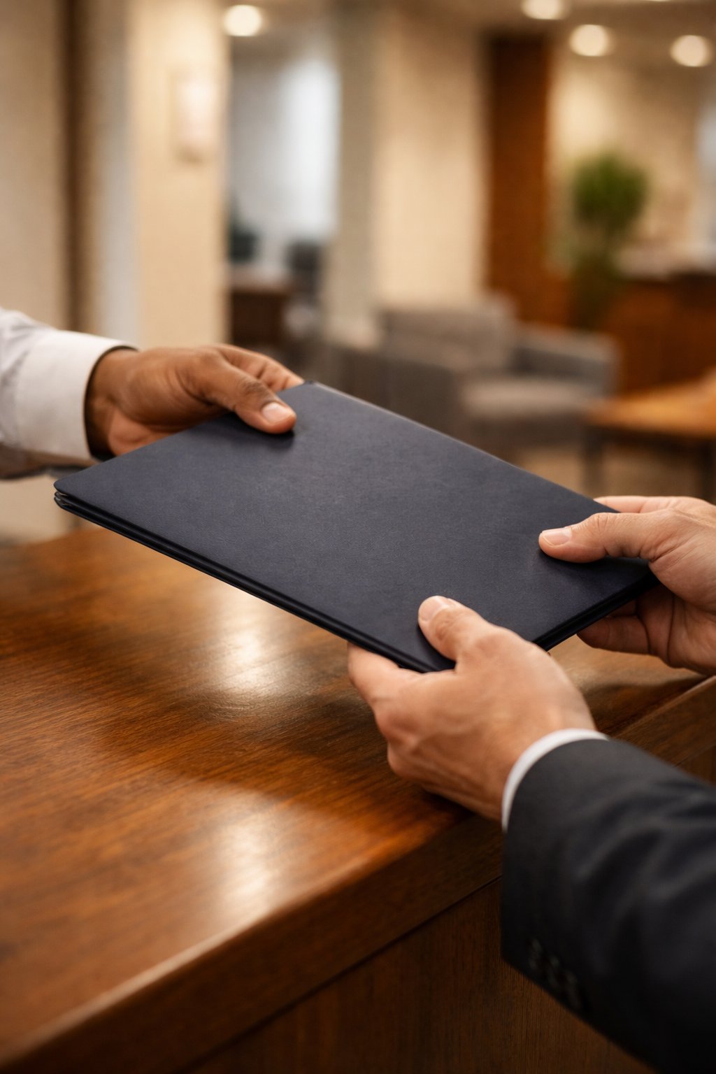Client receiving documents across a reception counter at an in-person immigration services appointment